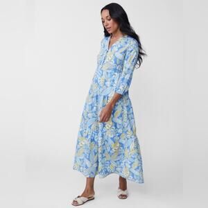 J. McLaughlin Cunningham Dress Linen Cotton Blend Blue Yellow Floral Midi S
